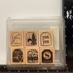 106352 RETIRED Stampin Up Too Terrific Tags Wood Mount Rubber Stamp Set